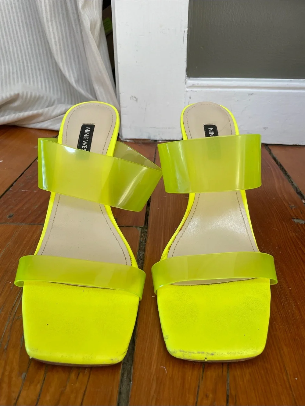 Nine West Neon Yellow Clear Strap Slide Heels
